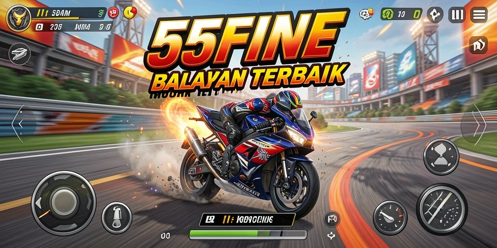 Screenshot gameplay 55FIVE menampilkan aksi balapan motor yang mendebarkan.