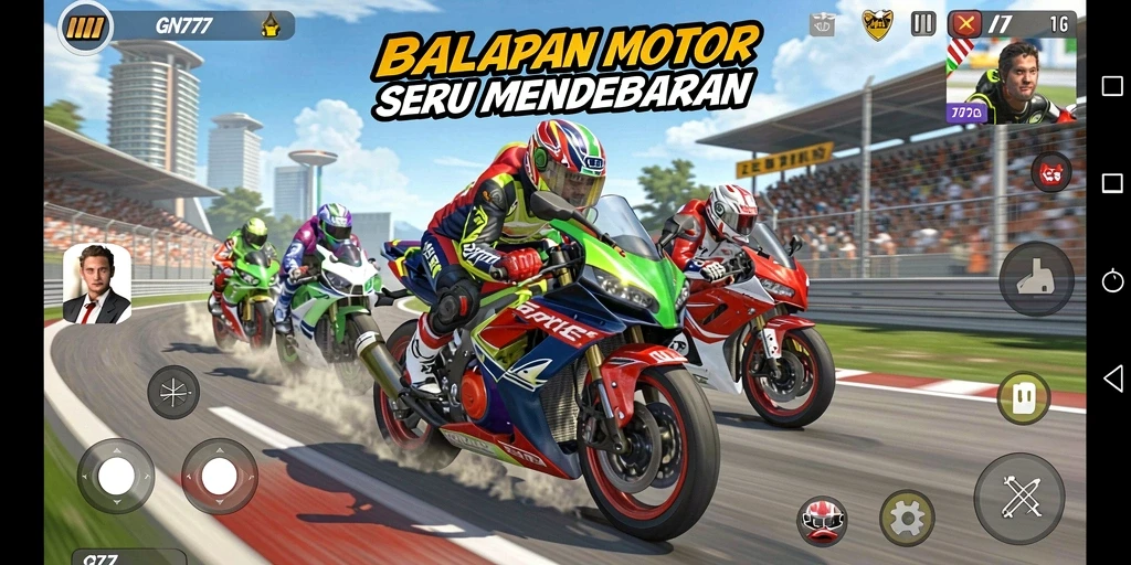 Screenshot gameplay <strong>GN777</strong> menampilkan aksi balapan motor yang mendebarkan.