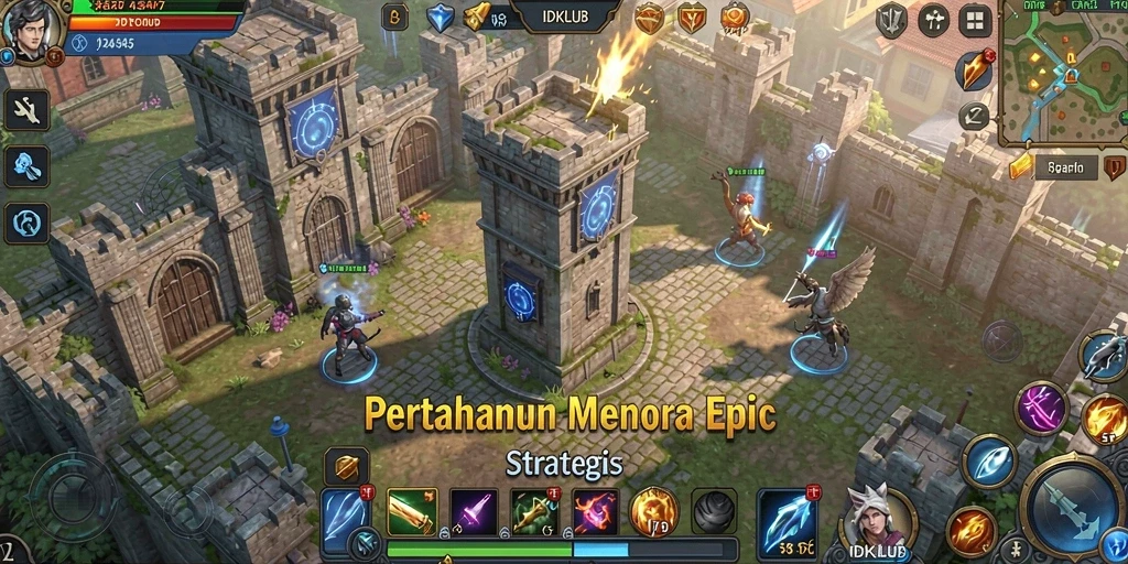 Screenshot utama IDKLUB menampilkan aksi pertahanan menara yang intens.