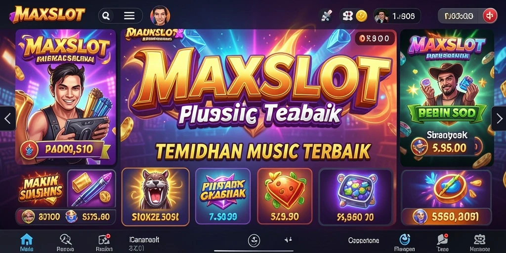 Tampilan gameplay <strong>MAXSLOT</strong> dengan ritme musik yang seru dan interaksi pengguna.