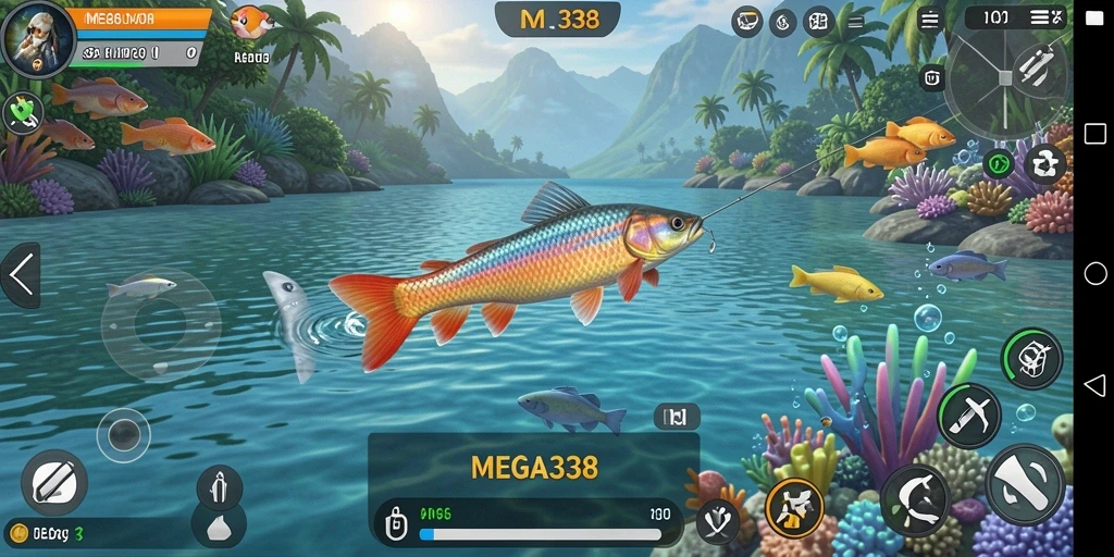 Tampilan gameplay <strong>MEGA338</strong> saat memancing di laut lepas.