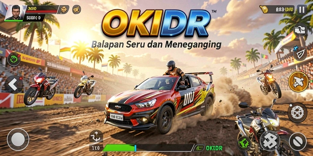 Gameplay balapan seru di OKIDR yang menampilkan aksi cepat.