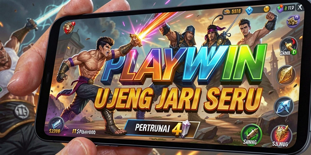Screenshot utama PLAYWIN menunjukkan pertarungan mendebarkan antara karakter-karakter kuat.