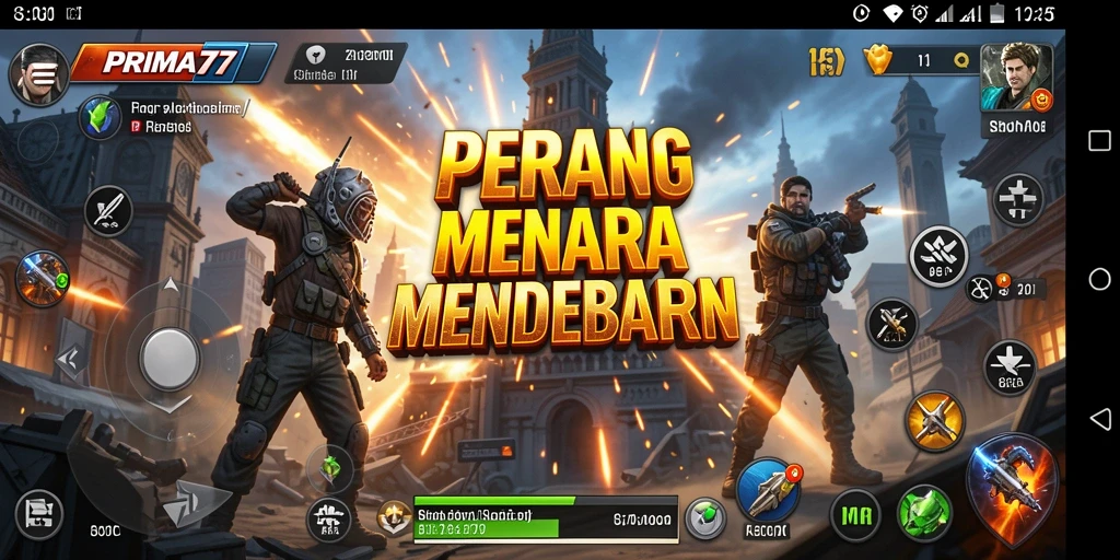 Tampilan gameplay PRIMA77 dengan menara dan serangan musuh yang mendebarkan.
