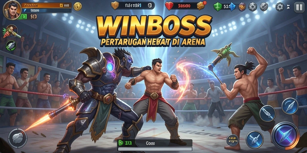 Gameplay WINBOSS menampilkan pertarungan seru antara karakter-karakter unik.